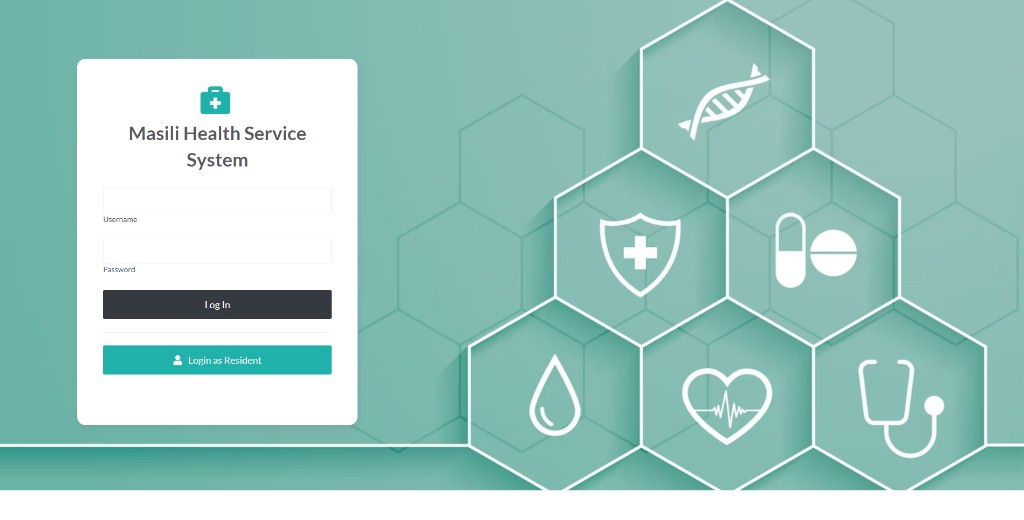 Masili Health Service System login page with teal gradient, username and password fields, and Login as Resident