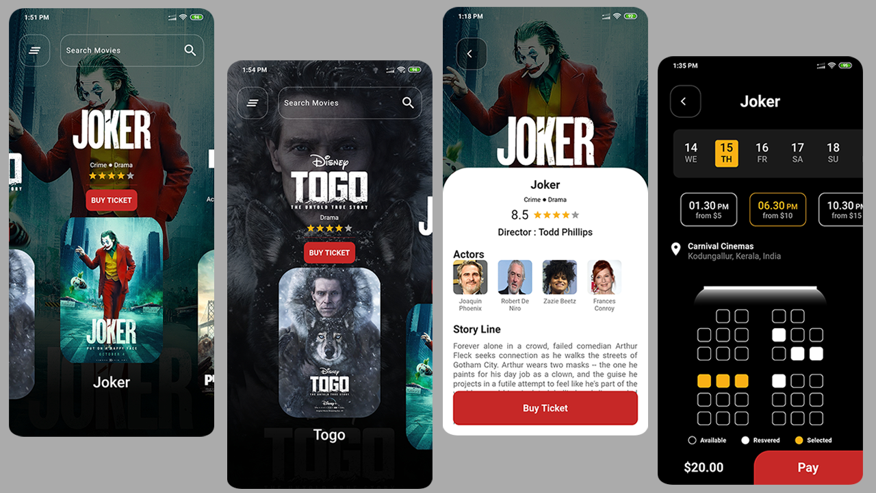 Movie ticket booking app — discovery, movie details, seat map and checkout