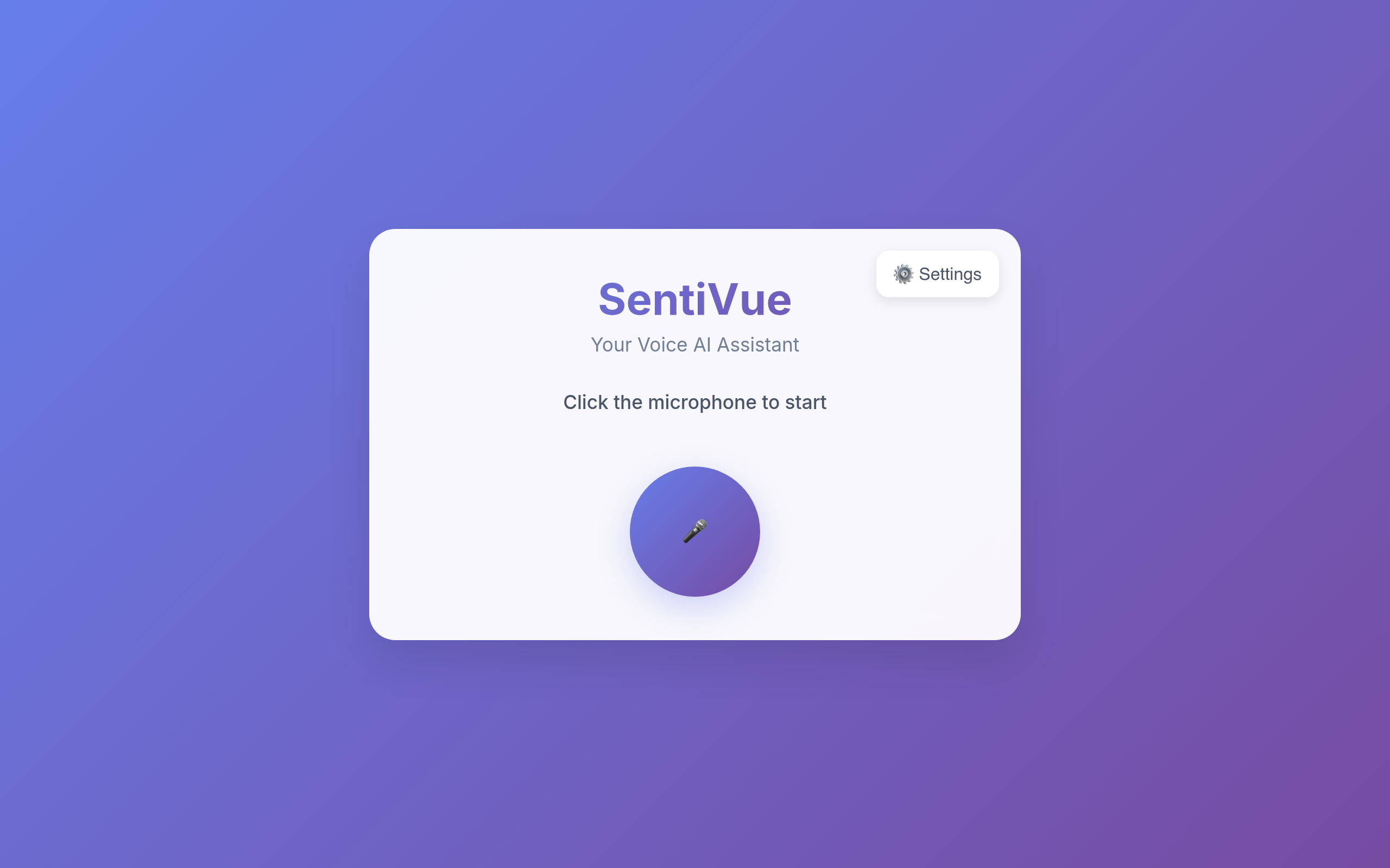 SentiVue — Voice AI Assistant web app with microphone and settings