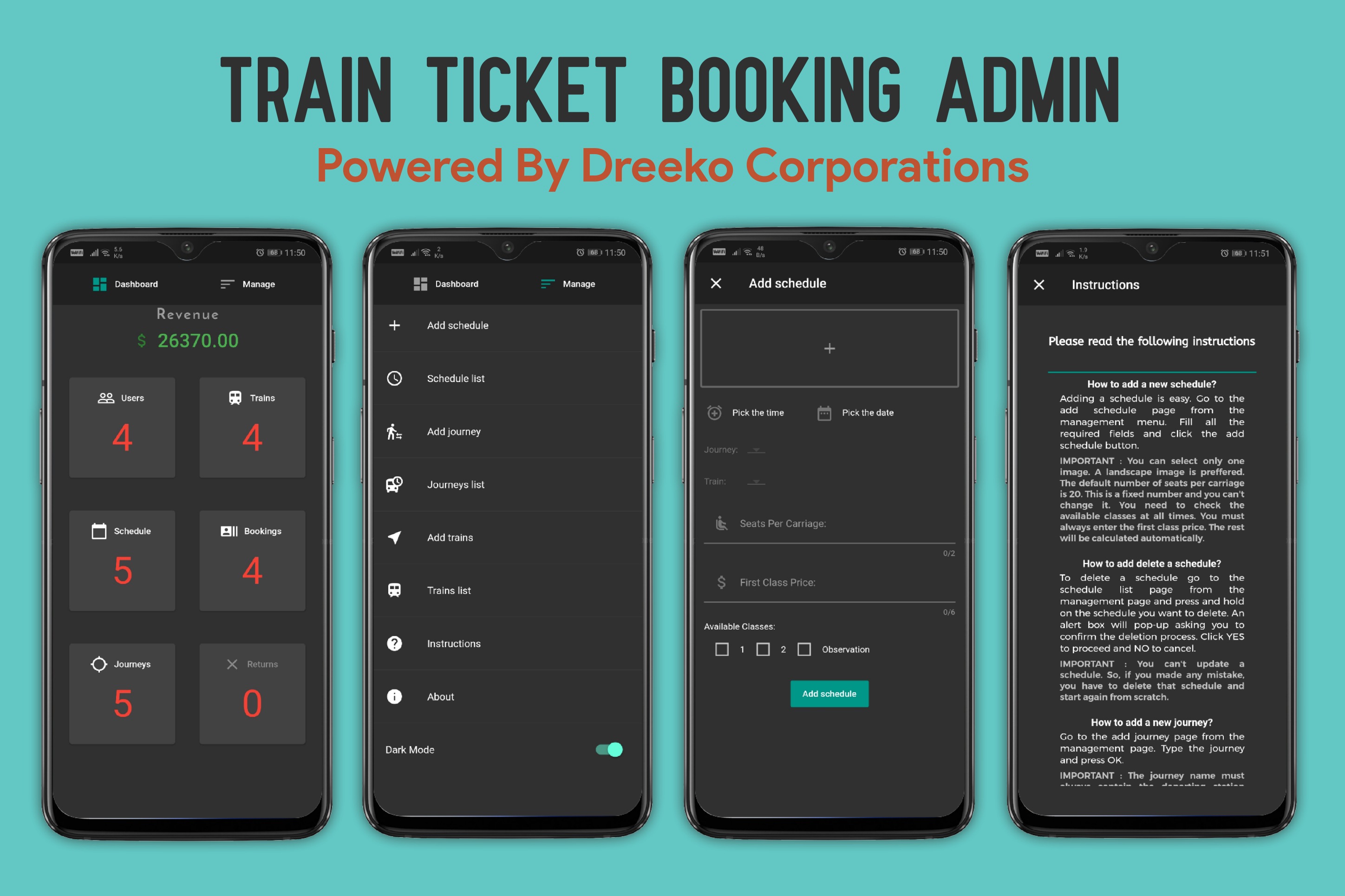 Train Ticket Booking Admin — Android dashboard and management screens on teal background